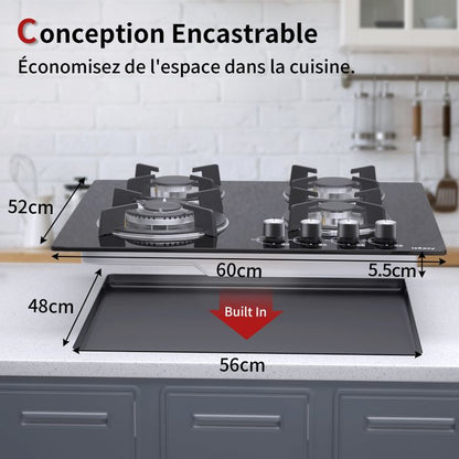 Plaque gaz encastrable - ISEASY - 4 feux 60 cm - Verre trempé - Supports fonte - Compatible NG/GPL