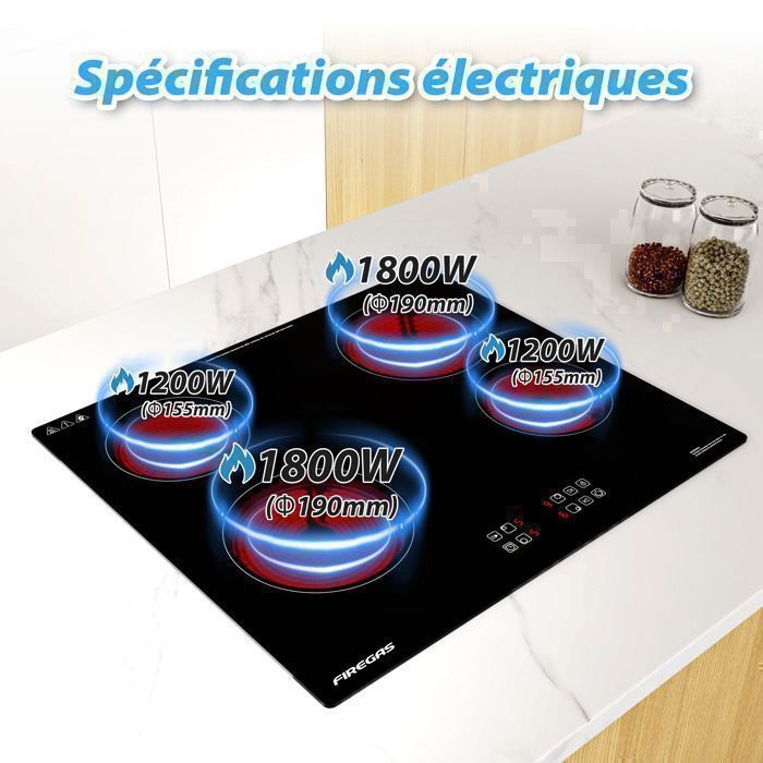Plaque de Cuisson Vitrocéramique FIREGAS - 4 zones 7200W - L59 x P52 cm - Noir