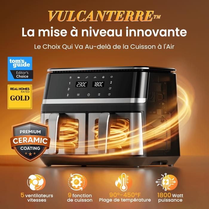 Friteuse sans huile Vulcanterre - Airfryer BW8020D - 12 L Capacité  - Cuisine multi - programmes - Cavité métallique - Écran LED