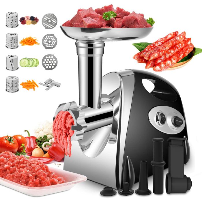 Hachoir à Viande Électrique 2800W - Écran Tactile - 11PCS avec 2 Lames 4 Inox Disques 3 Kit de Saucisse 1 Kubbe 1 Brosse - Argent