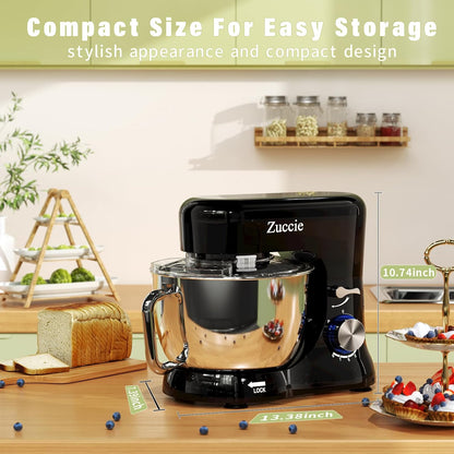 Robot Patissier, Zuccie 5 L Robot Ptissier, 1000W Robot Cuisine avec Fouet, Batteur, Crochet, Bol d'Acier Inoxydable et Pare-éclaboussures, 8+P Vitesses Robot Pétrin Professionnel (Noir)