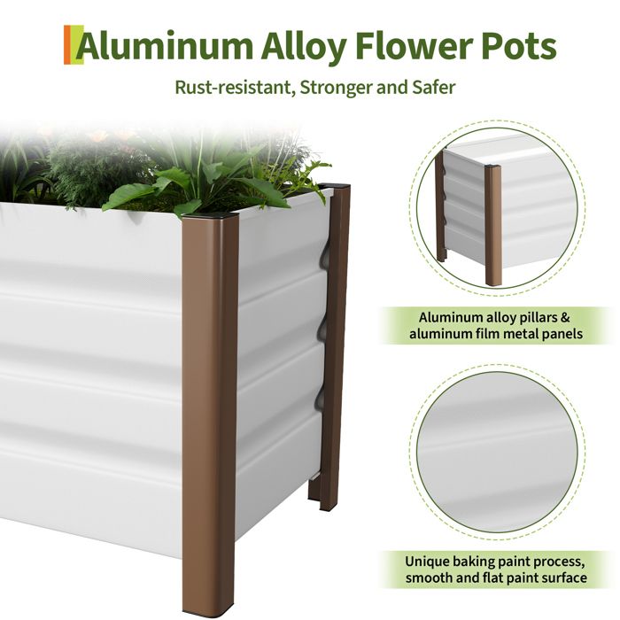 Bac à Fleurs Métal Surélevé 136x52x30 cm, Assemblage Sans Outil – Coins Arrondis – Anti-débordement，Carré potager avec fond