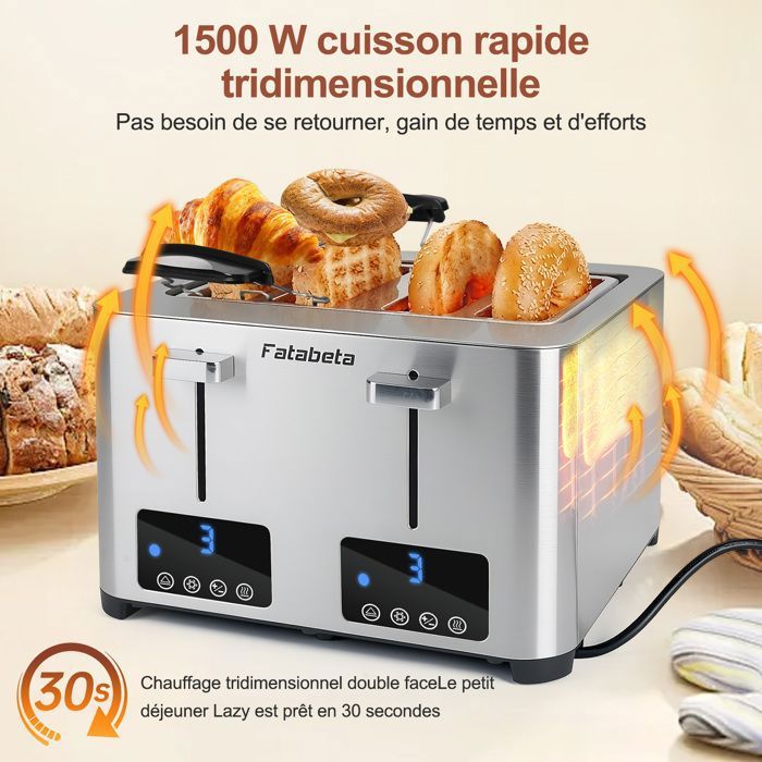 Grille-pain FATABETA 3015LA - 1500W - 4 Fentes Extra Larges - 7 Niveaux de Dorage - 2 Commandes indépendantes -Avec Support amovible