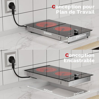 Plaque de Cuisson Vitrocéramique - WEHIMO - 2 Feux - 3400W - Noir - Sécurité enfant