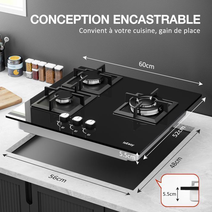 Plaque gaz encastrable - ISEASY - 4 feux 60 cm - Verre trempé - Supports fonte - Compatible NG/GPL