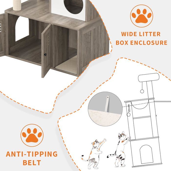 Arbre à Chat 2 en 1+ Enceinte de Litière Cachée - Meuble Chat Multiniveaux, Poteaux à Gratter, Boules Suspendues, Armoire - Marron