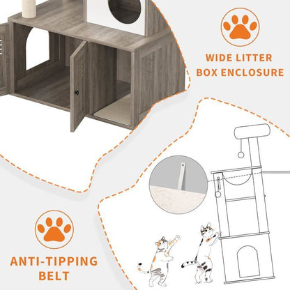 Arbre à Chat 2 en 1+ Enceinte de Litière Cachée - Meuble Chat Multiniveaux, Poteaux à Gratter, Boules Suspendues, Armoire - Marron