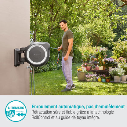 Gardena Enrouleur de Tuyau Mural Rollup L (Blanc) – Longueur 30m – Ø13mm– Garantie 5 Ans– Dévidoir pivotant à 180°– Kit Complet avec Lance, raccord, Tuyau et Support Mural Inclus (18627-20)