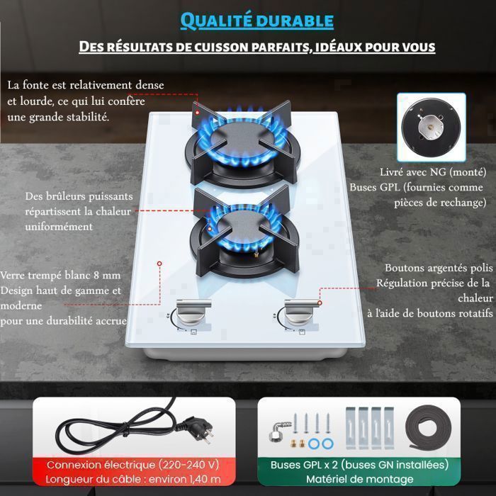 Plaque de cuisson gaz,Table Gaz,2 foyers,Verre Trempé,4200 W,Sécurité Thermocouple,Gaz Naturel/Propane,noir