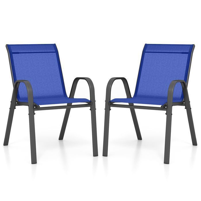 COSTWAY Lot de 2 Chaises de Jardin, Tissu Respirant, Chaises à Manger Empilables avec Accoudoirs, pour Patio Terrasse Porche, Bleu
