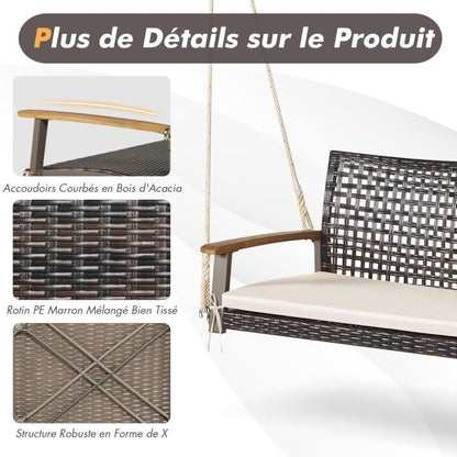 COSTWAY Banc Suspendu 2 Places en Rotin avec Cordes et Accoudoirs en Bois d'Acacia, Charge 360 kg, pour Jardin, Balcon, Marron