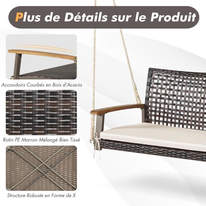 COSTWAY Banc Suspendu 2 Places en Rotin avec Cordes et Accoudoirs en Bois d'Acacia, Charge 360 kg, pour Jardin, Balcon, Marron