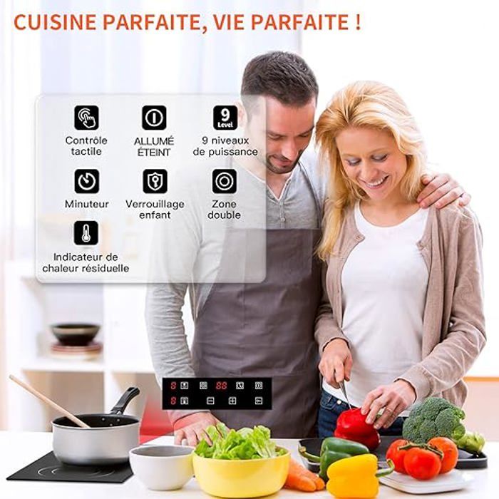 Plaque Vitrocéramique - ISEASY - 2 Feux - 3000W - Sensitives - Verrouillage enfant