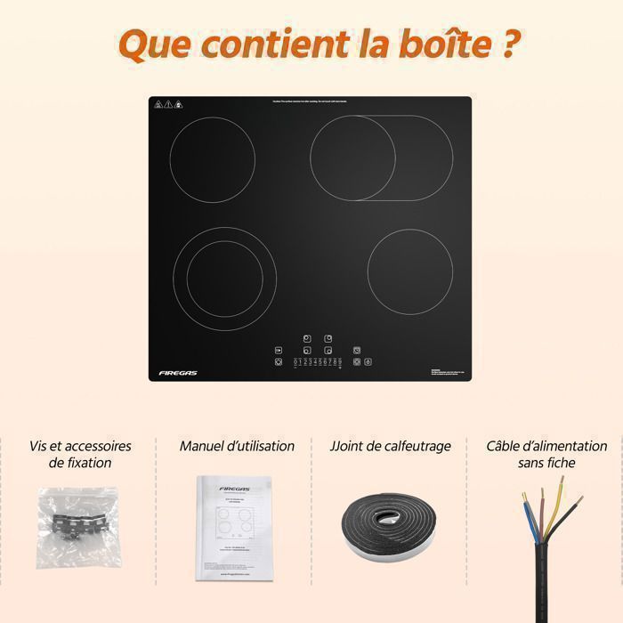 Plaque de Cuisson Vitrocéramique FIREGAS - 4 zones 7200W - L59 x P52 cm - Noir