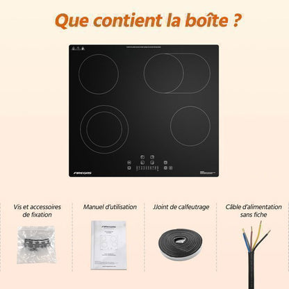 Plaque de Cuisson Vitrocéramique FIREGAS - 4 zones 7200W - L59 x P52 cm - Noir