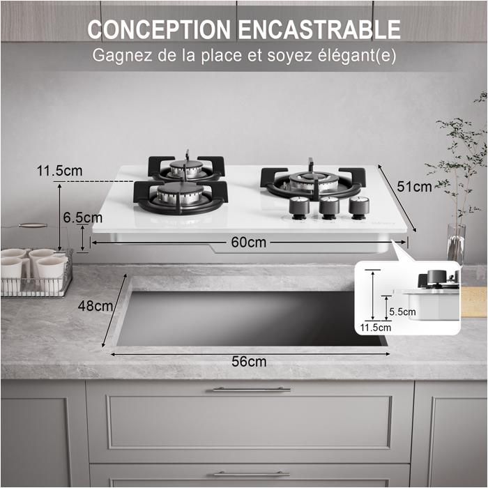 Plaque gaz encastrable - ISEASY - 4 feux 60 cm - Verre trempé - Supports fonte - Compatible NG/GPL