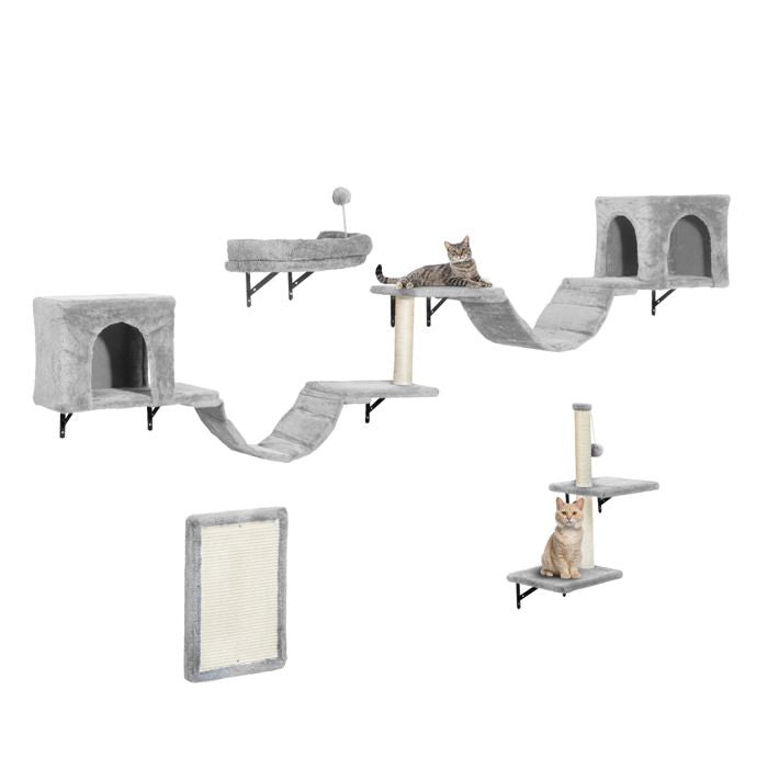 Balconera Lot 8 Murs escalade Chat - Peluche Stable, Arbre Mural Griffoirs, Pont, Escaliers & Boule, Gris Foncé
