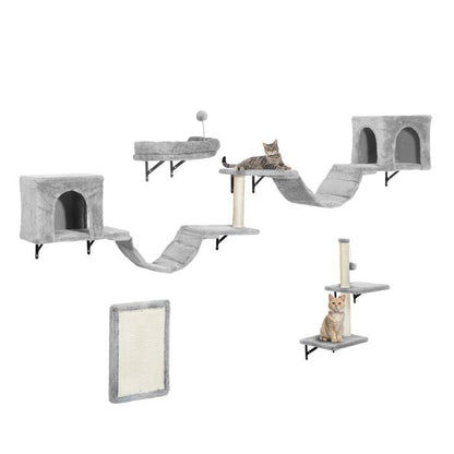 Balconera Lot 8 Murs escalade Chat - Peluche Stable, Arbre Mural Griffoirs, Pont, Escaliers & Boule, Gris Foncé