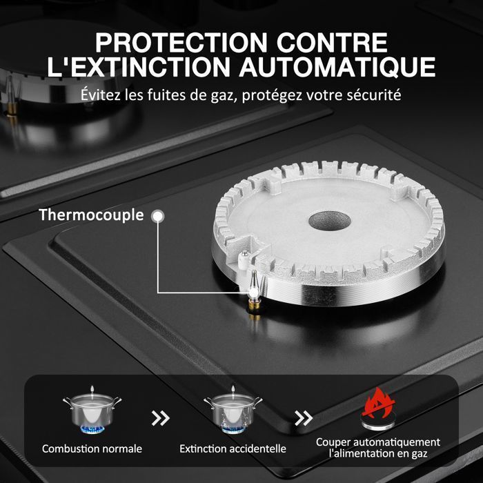 Plaque gaz encastrable - ISEASY - 4 feux 60 cm - Verre trempé - Supports fonte - Compatible NG/GPL