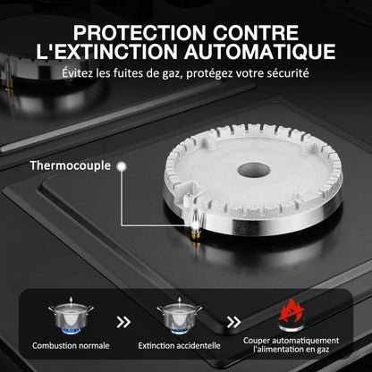 Plaque gaz encastrable - ISEASY - 4 feux 60 cm - Verre trempé - Supports fonte - Compatible NG/GPL