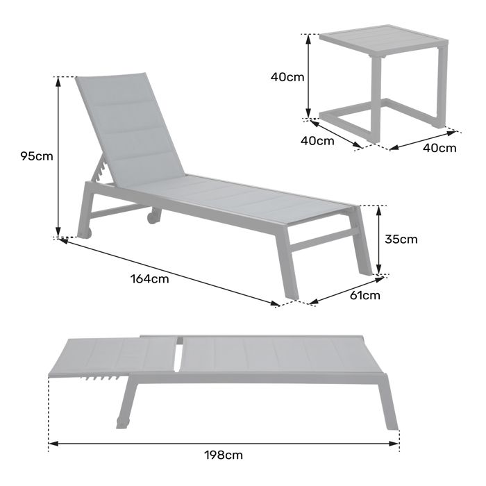 Set bain de soleil et table d'appoint BARBADOS en textilène gris - aluminium blanc