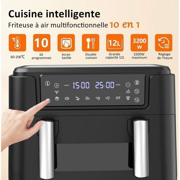 Friteuse sans Huile 12L - Panier Flexible - Écran LED - Cuisson 360° Sans Huile - 10 Programmes - Fenêtre transparente - Air fryer