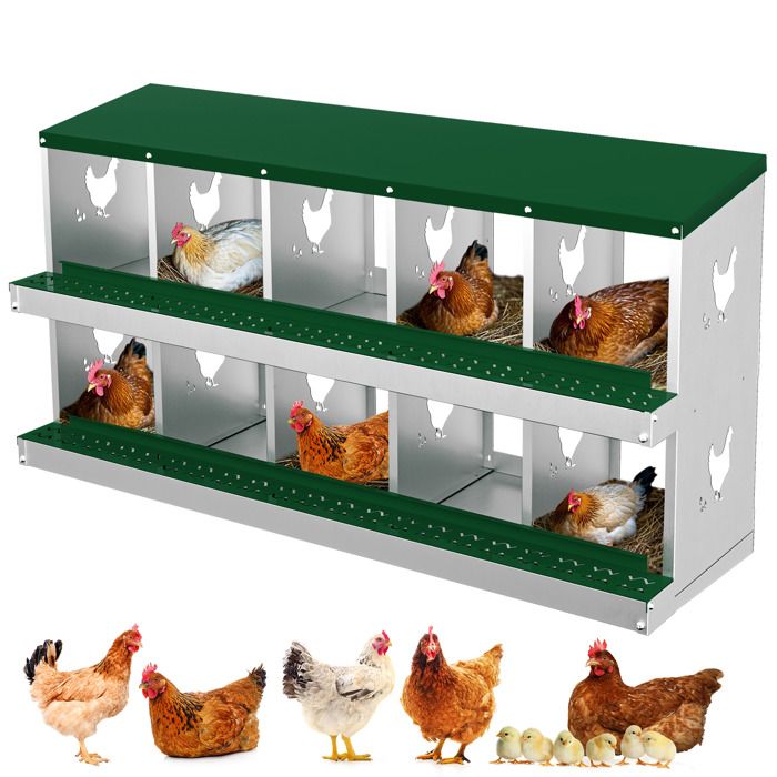 Pondoir Poules Pondeuses 10 Compartiments, Poulailler en Acier Galvanisé, Récolte des Œufs Facilitée,  Pratique, Pied, Vert