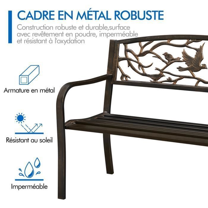 Yaheetech Banc de Jardin en Métal Banc Extérieur avec Dossier à Motif d'oiseau Siège à Lattes 127 x 63 x 86 cm