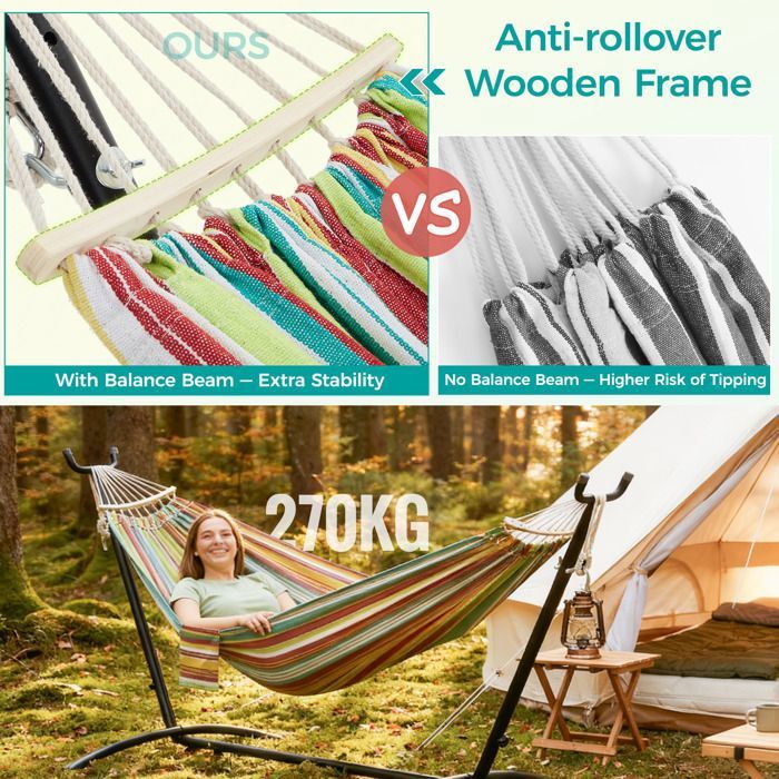 Mondeer Hamac sur Pied Double avec Support,Cadre Robuste Réglable 6Positions,Charge Max 270kg pour Jardin/Camping/Voyage,Multicolore