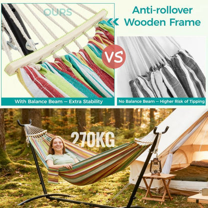 Mondeer Hamac sur Pied Double avec Support,Cadre Robuste Réglable 6Positions,Charge Max 270kg pour Jardin/Camping/Voyage,Multicolore