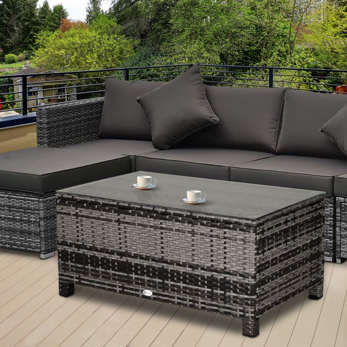 Table basse de jardin - Outsunny - plateau verre trempé 5 mm résine tressée terrasse - résine - 85x50x39cm - marron