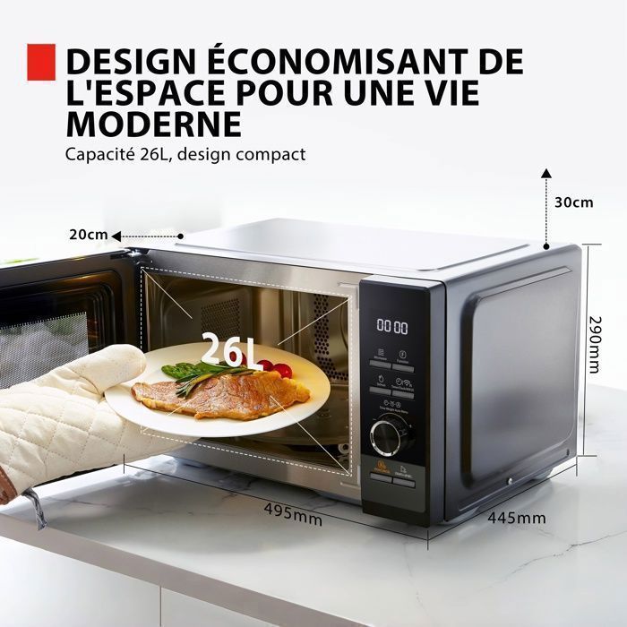 Micro-ondes combin pose libre MW3-SAC26SF(BK) 26L, 900W  Gril 1000W  Convection 2100W - Connection WiFi & Friteuse sans huile