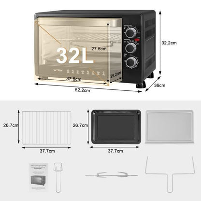 Four électrique de table WOLTU 32L - 1600W - Minuterie 60 min - 100-230℃ - Porte à double vitrage - Noir