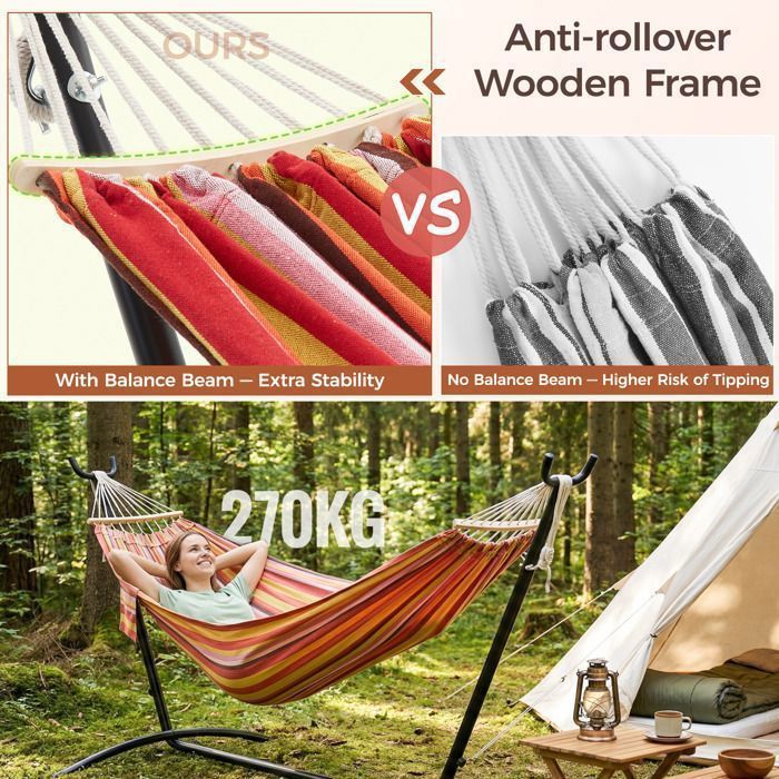 Mondeer Hamac sur Pied Double avec Support,Cadre Robuste Réglable 6Positions,Charge Max 270kg pour Jardin/Camping/Voyage,Multicolore