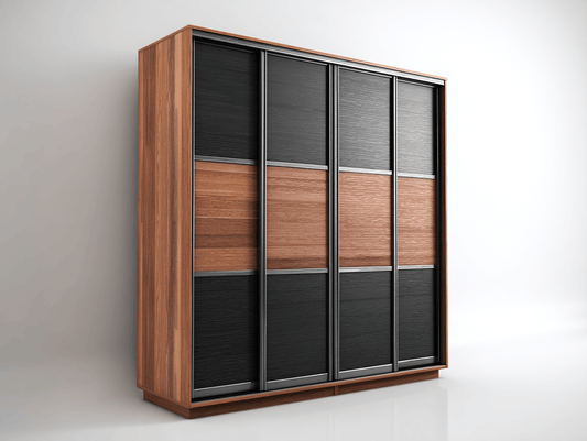 Armoire 4 portes coulissantes – façade bois noir et brun à effet rainuré