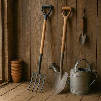 Pack 4 outils de jardin Acier Manche en Bois Fourche + Pelle carrée + Pelle ronde + Bêche VITO