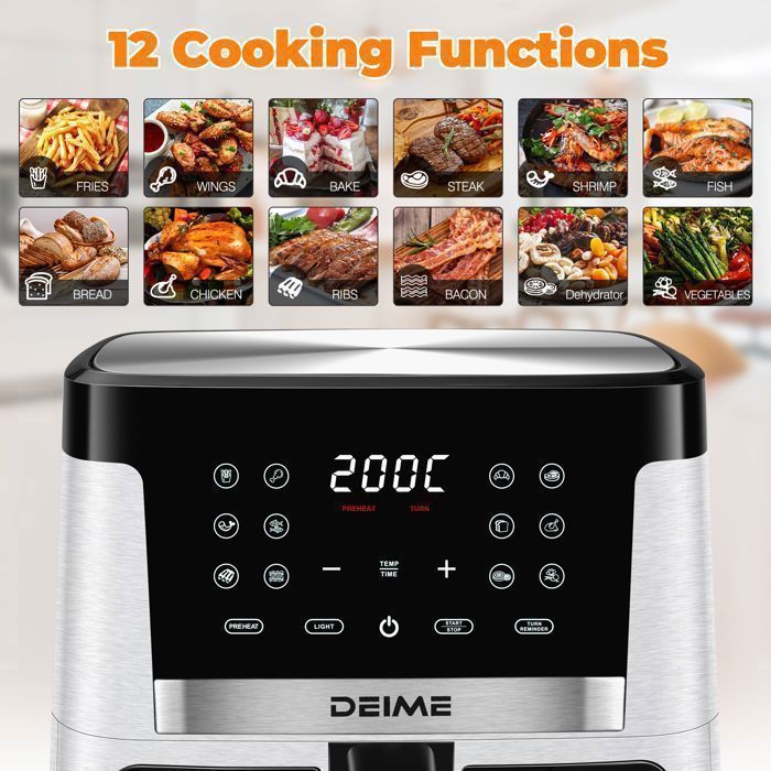 DEIME Air Fryer 5L+5L - Friteuse sans huile Capacité 10L - 8 Préprogrammes - 2400W - Séparateur amovible - Fenêtre - Noir