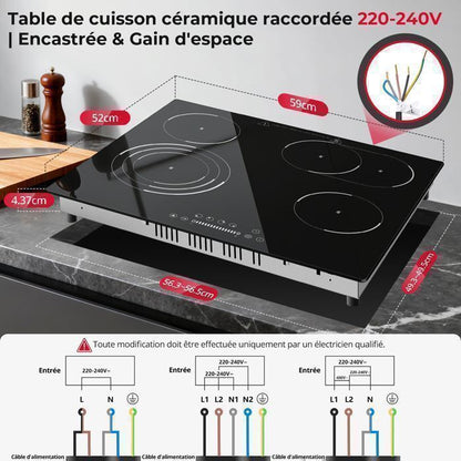 Plaque Vitrocéramique 4 Feux Encastrable,Sndoas 60cm Table de Cuisson,9 Niveaux de Puissance, Minuteur Intégré,6700W