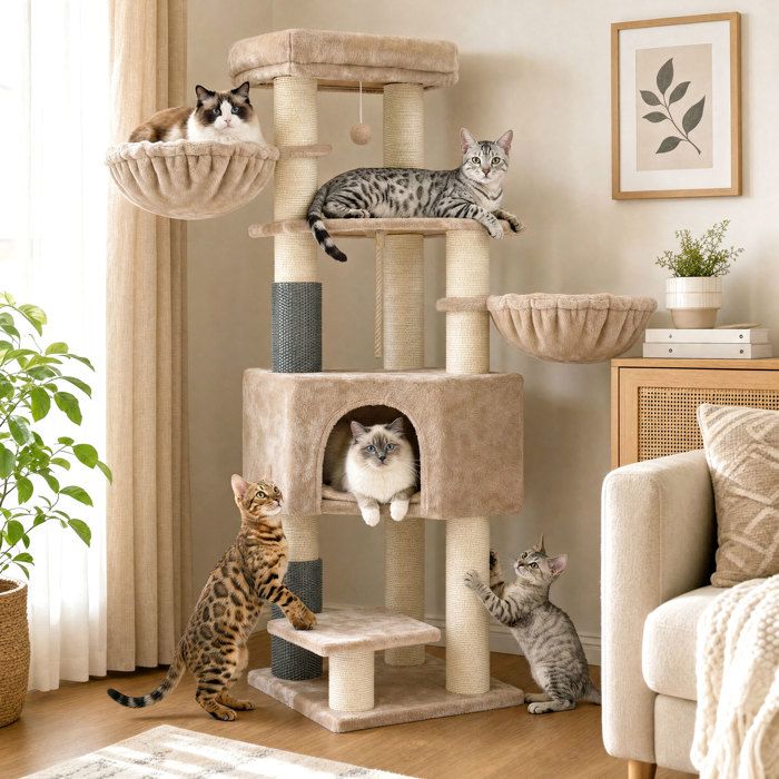 Arbre à Chat avec Couvertures Douces, 2 Brosses pour Chat, Grandes Plateformes, Marron