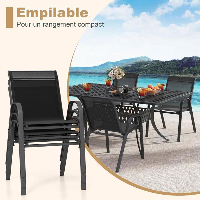 COSTWAY Lot de 2 Chaises de Jardin, Tissu Respirant, Chaises à Manger Empilables avec Accoudoirs, pour Patio Terrasse Porche, Bleu