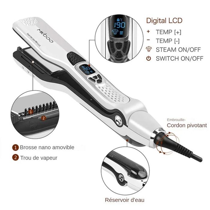 Lisseur vapeur-Plaques en Céramique extra larges，5 vitesses - alimentation rotative 360°-Jusqu'à 230°C-Pour Tous Types de Cheveux