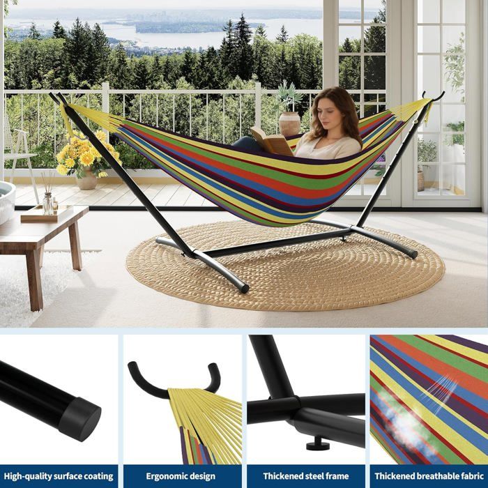 Hamac Double avec Support - 450 lbs, Toile Coton & Coussin Amovible - Pour Jardin, Intérieur/Extérieur, Vert