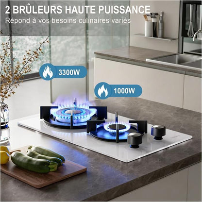 Plaque de Cuisson Gaz - ISEASY - 2 Foyers - Blanc - Verre Trempé - Sécurité Thermocouple
