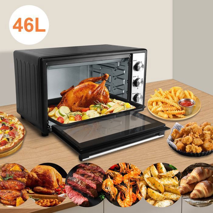 Four électrique à convection, 46L avec Tournebroche, 6 modes de cuisson, Lèchefrite avec pince, Grille de cuisson - Noir/Inox