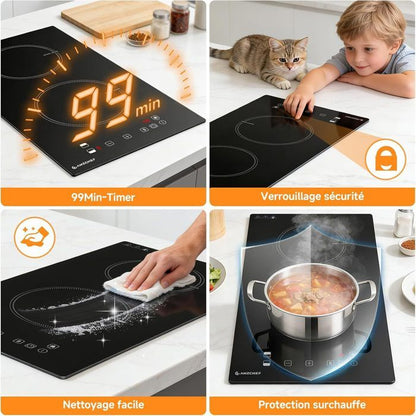 Table de cuisson 3 foyers AMZCHEF 9 niveaux de puissance 7400W avec 3 boosters Encastrable