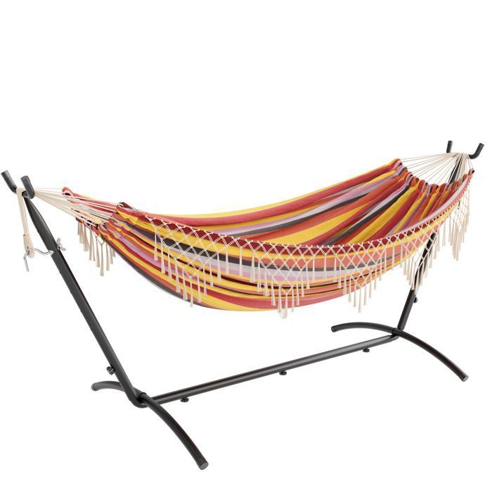 Mondeer Hamac Bohème Double Extérieur sur Pied avec Support | Charge Max 200kg | Cadre Fer Réglable + Sac de Transport | Rouge