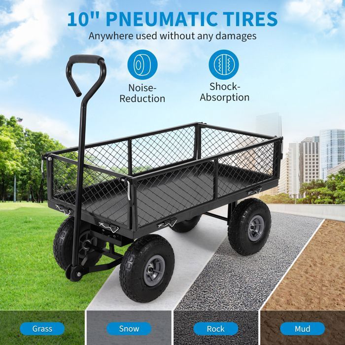 Chariot de Jardin Basculeur Renforcé - Capacité 600 lb (272 kg) -Réglable à 180° - Roues Tout-Terrain 10"- Résistant à la Rouille