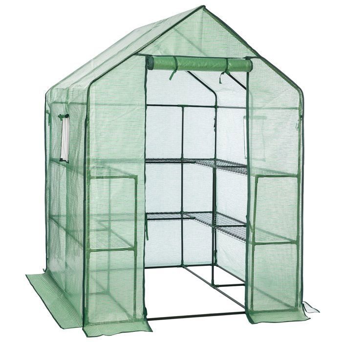 Serre de Jardin avec 10 Étagères, Abri pour Plantes, avec Porte Enroulable, Fenêtre, Fermeture Éclair,  145 x 141 x 198 cm,Vert