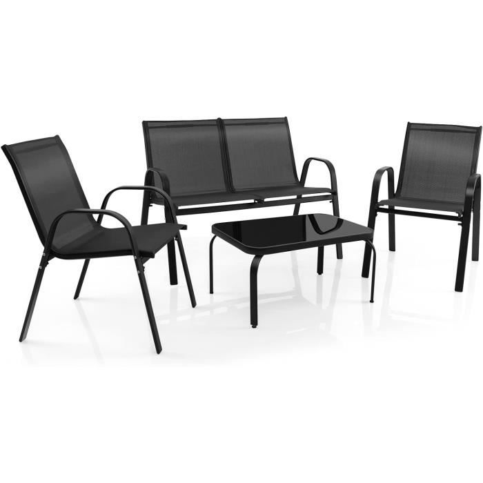 COSTWAY 4 PCS Ensemble Table et Chaises de Jardin Extérieur, Chaises et Causeuse avec Siège en Tissu, Plateau en Verre Trempé, Bleu
