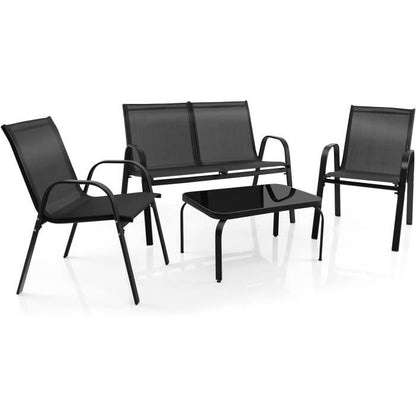 COSTWAY 4 PCS Ensemble Table et Chaises de Jardin Extérieur, Chaises et Causeuse avec Siège en Tissu, Plateau en Verre Trempé, Bleu